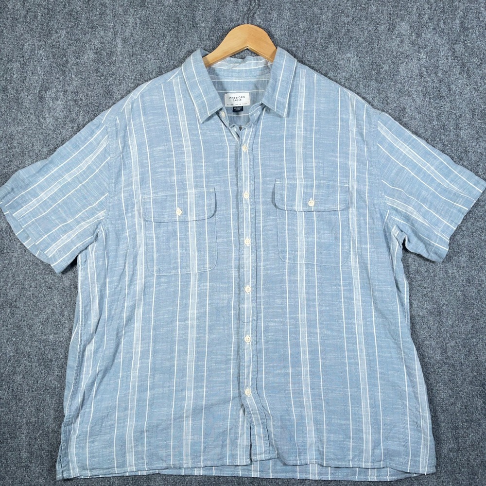 American‎ Eagle Shirt Mens XL Button Down Blue White Striped Short Sleeve #AB442